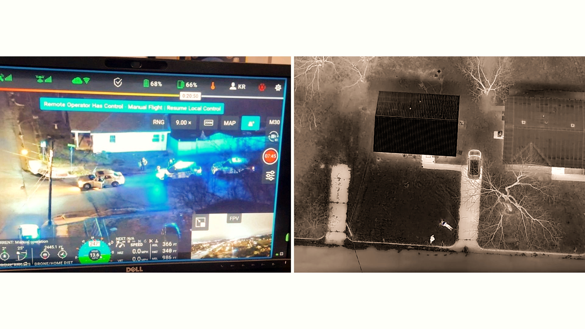 Remote flight display and thermal aerial image featured on SkyfireAI’s Drone First Responder page