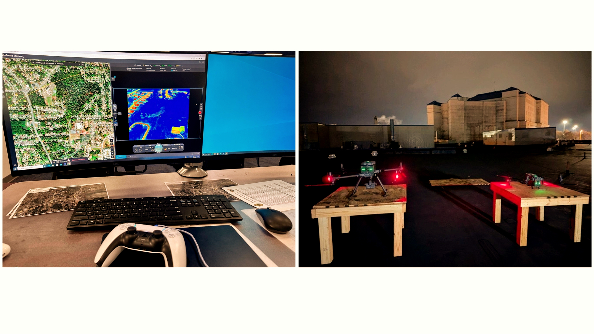 Remote drone workstation beside a photograph of two drones on rooftop launch tables